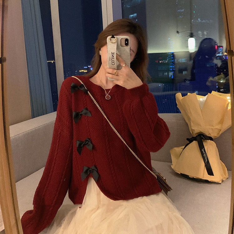 IELGY    Áo sweater Dệt Kim Dáng Rộng Thắt Nơ Phong Cách Nhật Bản Cho Nữ