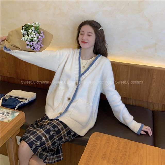 Áo khoác CARDIGAN phối viền chất len lông thỏ mịn QUẢNG CHÂU freesize 3 màu pastel SWEET.CLOTHINGS