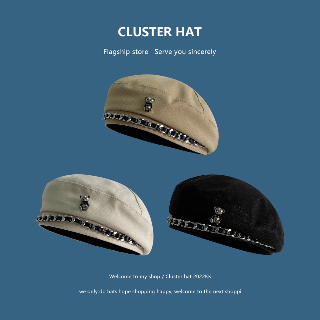 Mũ Beret Phối Dây Xích Họa Tiết Gấu Hoạt Hình Thời Trang Xuân Thu Dành Cho Nữ