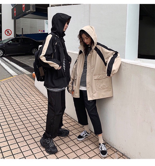 Áo khoác kaki nam nữ túi hộp phối màu kem đen- ảnh thật | BigBuy360 - bigbuy360.vn