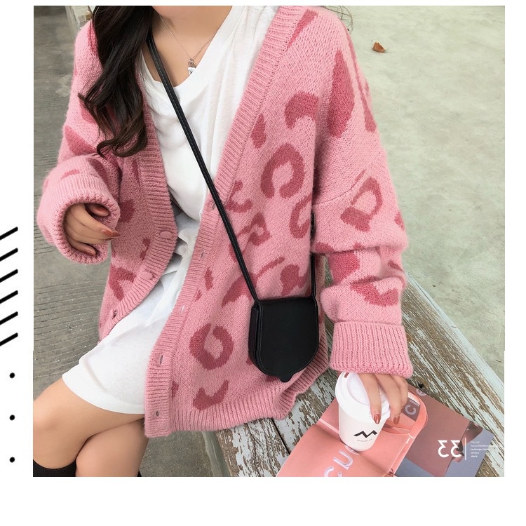 Áo Khoác Len Cardigan Cổ Chữ V In Họa Tiết Da Báo Thời Trang Cho Nữ