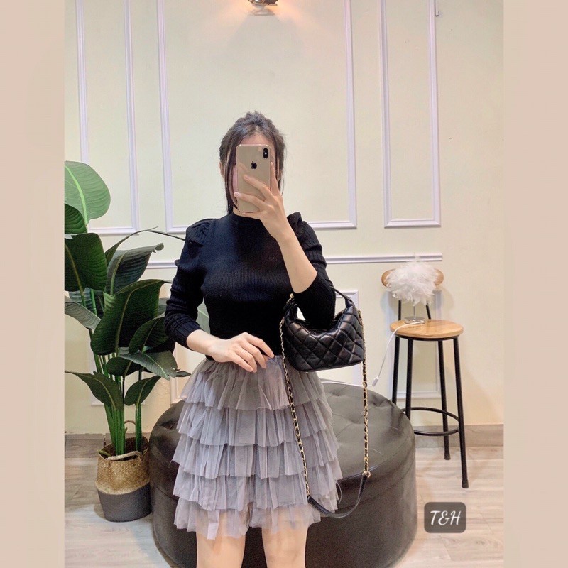 Chân váy 5 tầng cạp nhũ