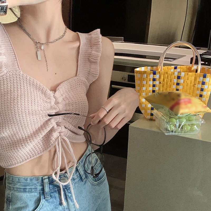 Áo Croptop Dệt Kim Sát Nách Cổ Chữ V Dáng Ôm Phối Dây Rút Thời Trang Mùa Hè Quyến Rũ Cho Nữ