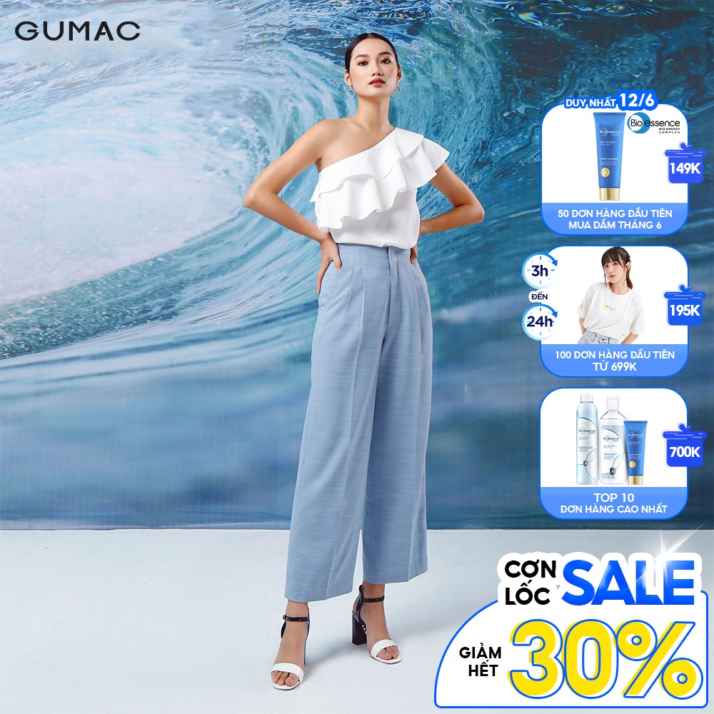 Áo kiểu nữ GUMAC lệch vai 2 tầng, màu trắng đủ size AA12106