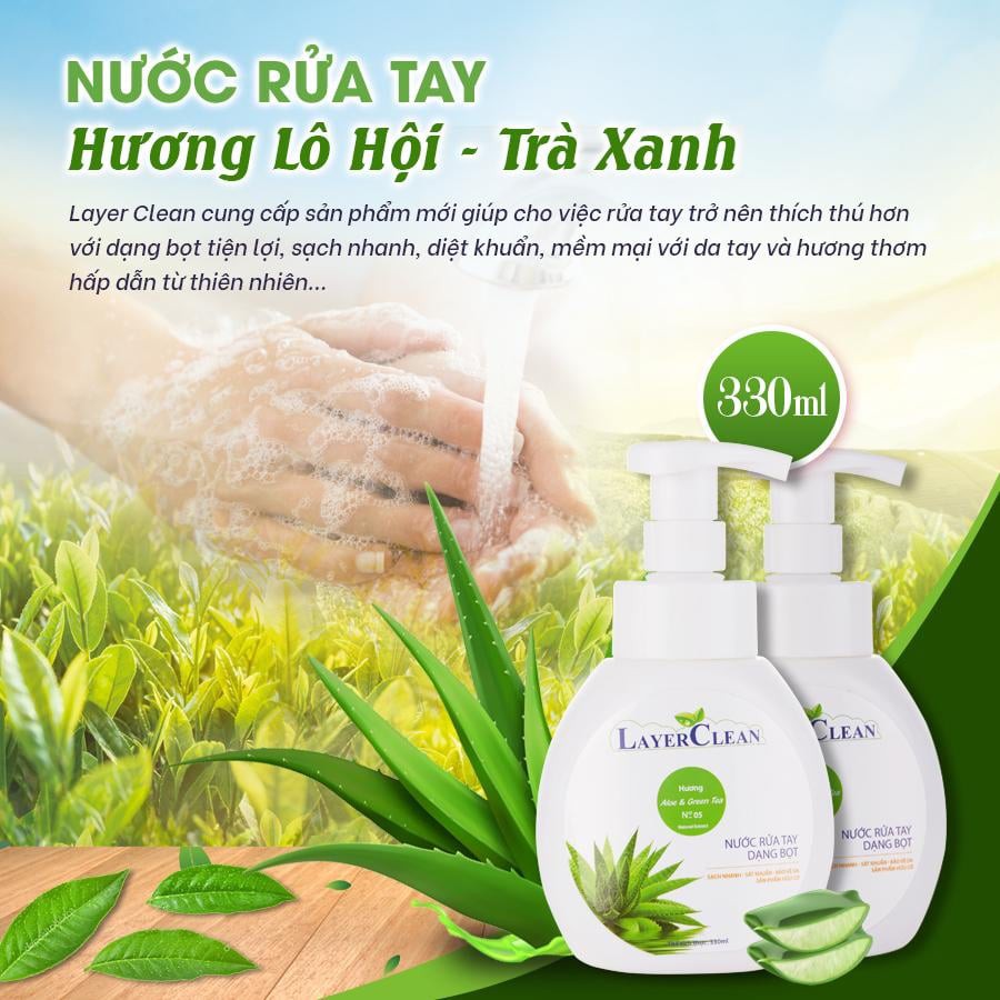 Nước rửa tay Layerclean 330ml - hương lô hội & trà xanh