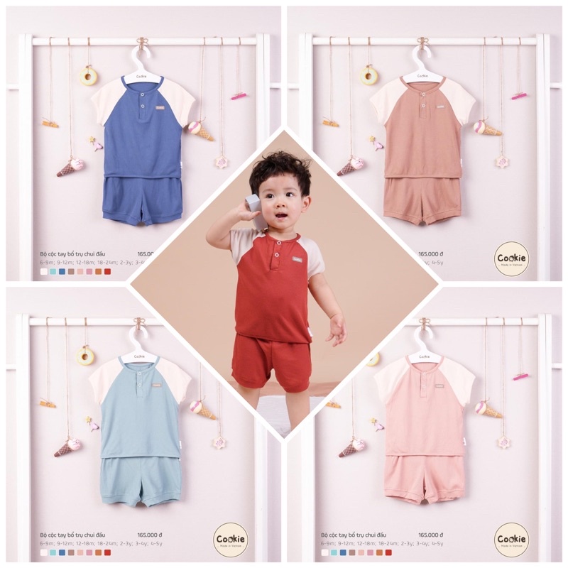 Bộ cộc tay cổ trụ chui đầu Cookie bé trai bé gái thời trang mùa hè