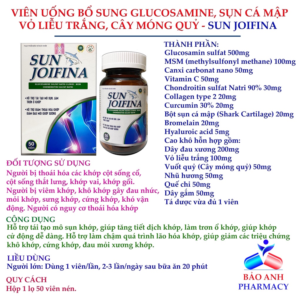 Viên bổ xương khớp Glucosamine, sụn vi cá mập, Canxi nano, giảm đau khớp, thoái hóa khớp, tái tạo khớp SUN JOIFINA H50v