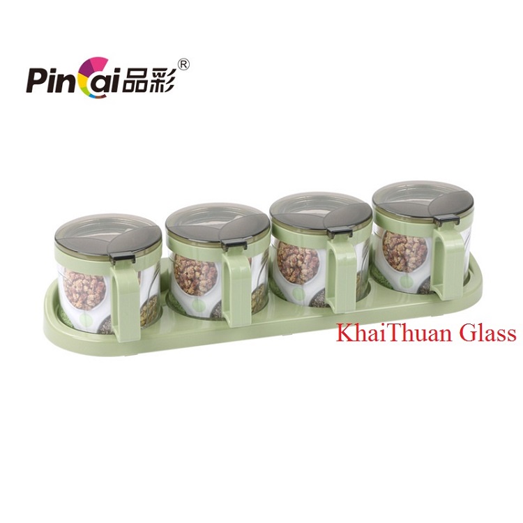 Bộ đựng gia vị thủy tinh 2, 3, 4 ngăn kèm thìa, nắp bật thông minh, tay cầm tiện lợi PinCai QH