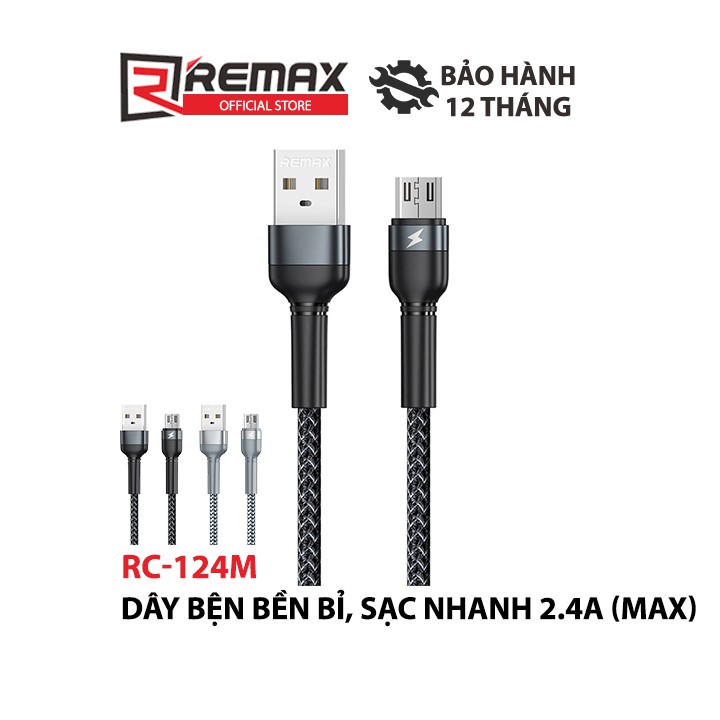 Cáp sạc nhanh cổng MicroUSB Remax RC-124m Data Jany Series thân bọc kim loại dài 1 mét max 2.4A