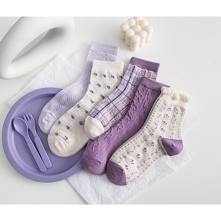 Set 5 đôi tất cổ cao Bivota vớ nữ hàn quốc hoạ tiết tím nhẹ nhàng T84
