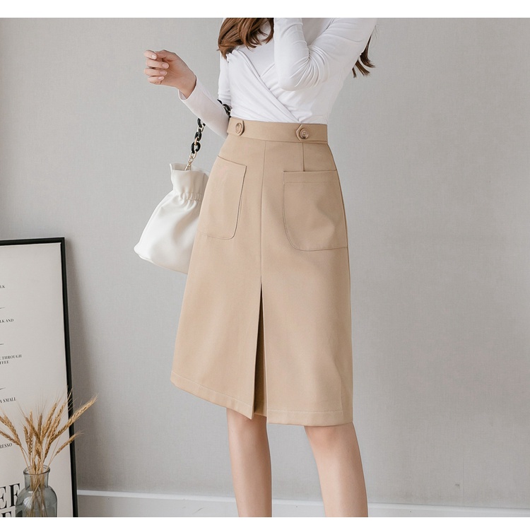 Chân váy dài chữ a công sở xếp li trước có túi, không xẻ,chữ a 1 li 2 túi ốp 2 cúc cạp d58cm
