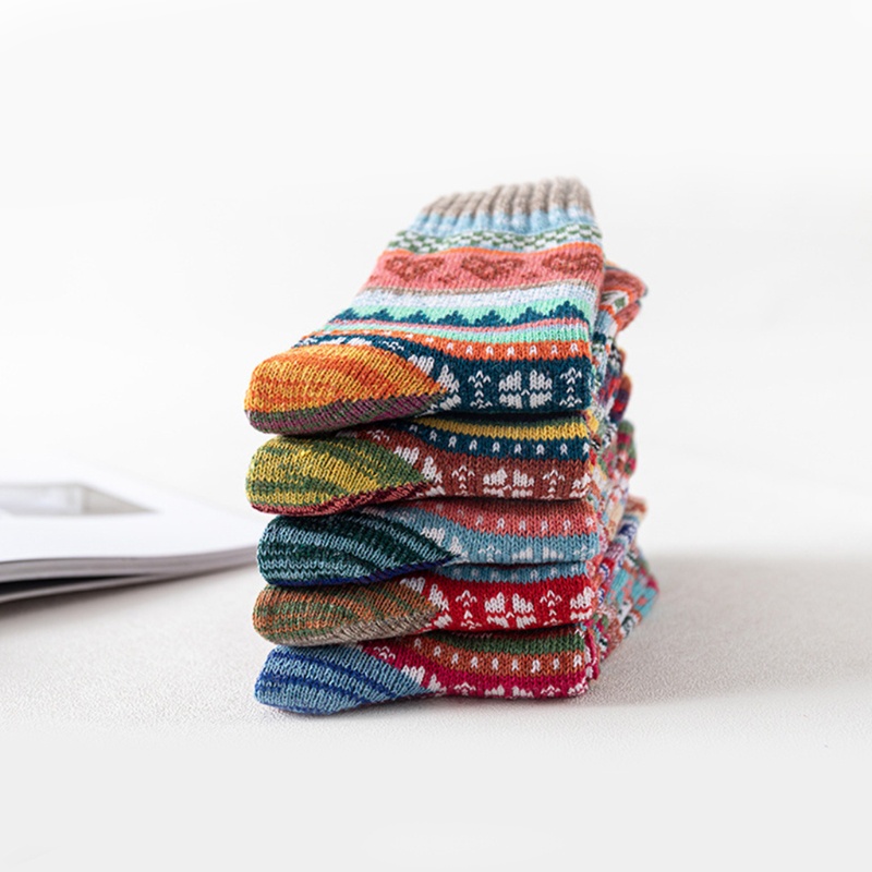 Youyo Set 5 Đôi Tất Dệt Kim Kẻ Sọc Trái Tim Nhiều Màu Sắc Ấm Áp Dân Tộc Cho Nữ