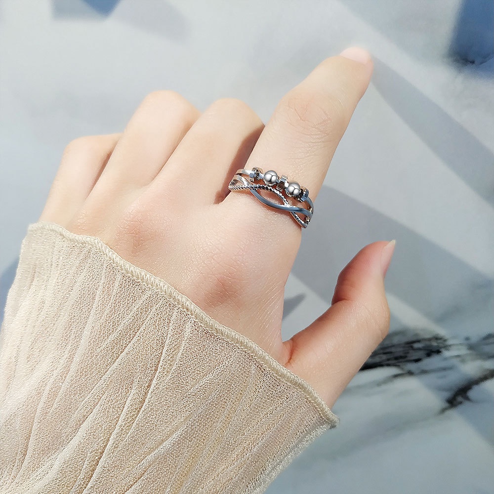 Nhẫn Hở Hai Tầng Họa Tiết Chữ Thập Đính Hạt Thông Minh Có Thể Điều Chỉnh