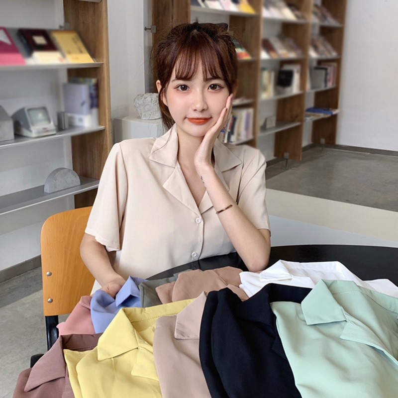 Áo Sơ Mi Tay Ngắn Dáng Rộng Cài Khuy Màu Sắc Đơn Giản Thời Trang Cho Nữ