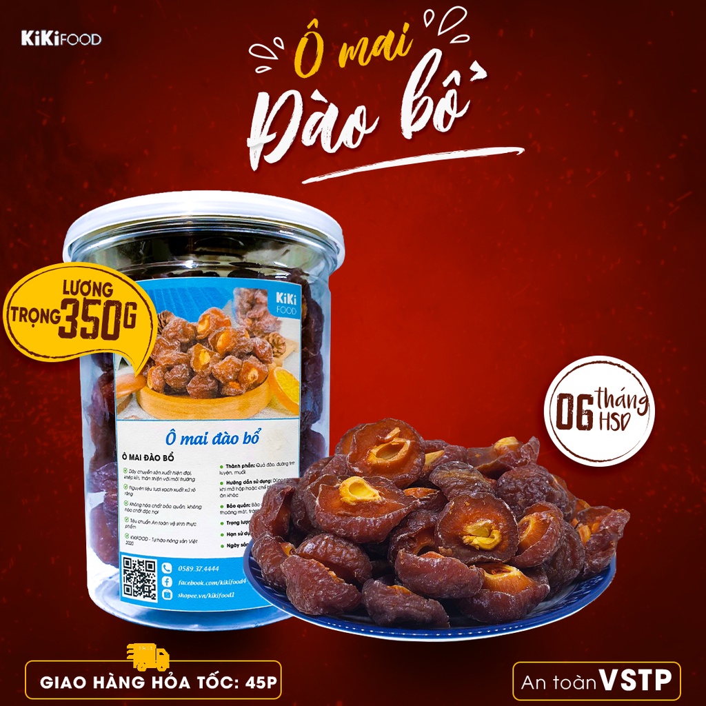 Ô mai đào bổ sấy dẻo 350G KIKIFOOD chuẩn vị, đồ ăn vặt Việt Nam an toàn vệ sinh thực phẩm