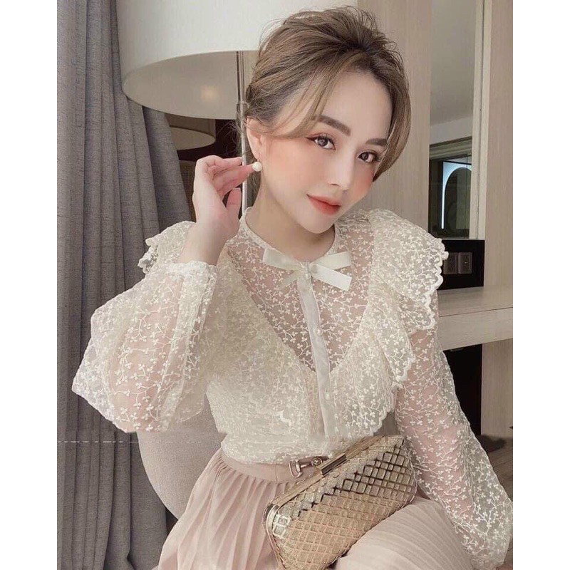 [Mã WASKT304 giảm 15% tối đa 30K đơn 99K] Áo sơ mi bèo ren hoa nổi kèm nơ(125) | BigBuy360 - bigbuy360.vn