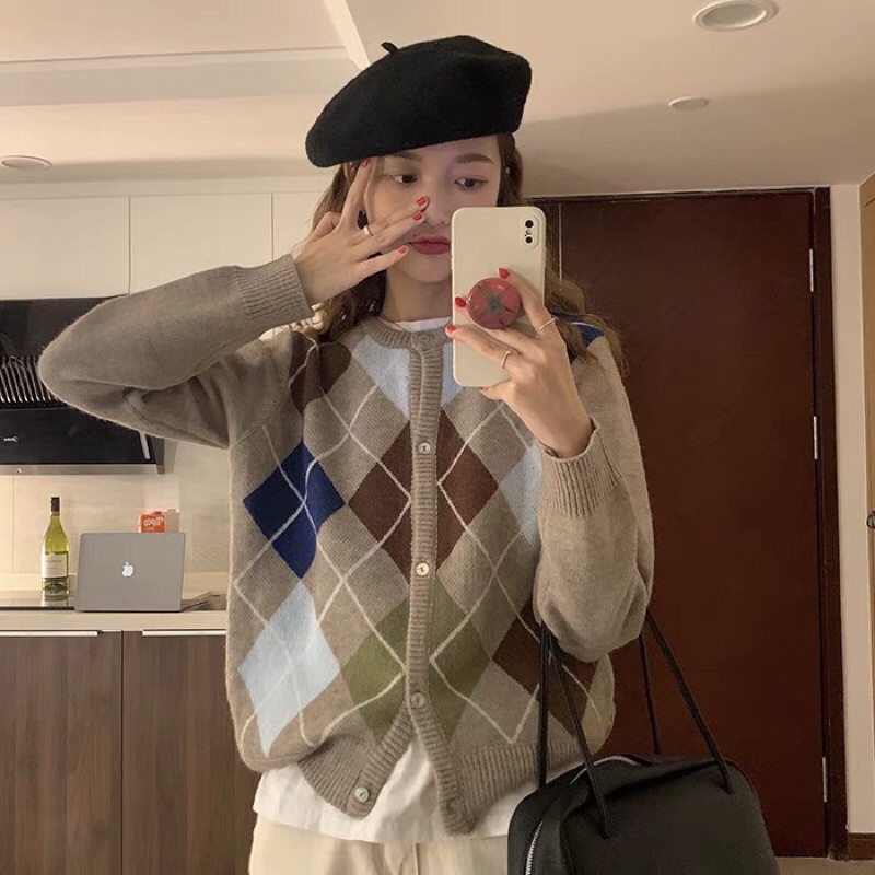 Áo khoác len Cardigan kẻ ô phong cách Retro Hàn Quốc