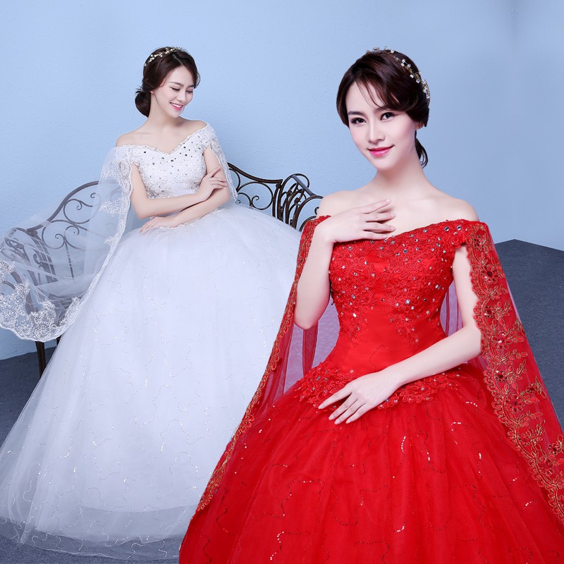 mới năm 2021 đẹpVáy cưới đỏ cô dâu 2021 học sinh cấp 2 tặng một bên vai kiểu mới, size lớn, giảm béo phong cách H11