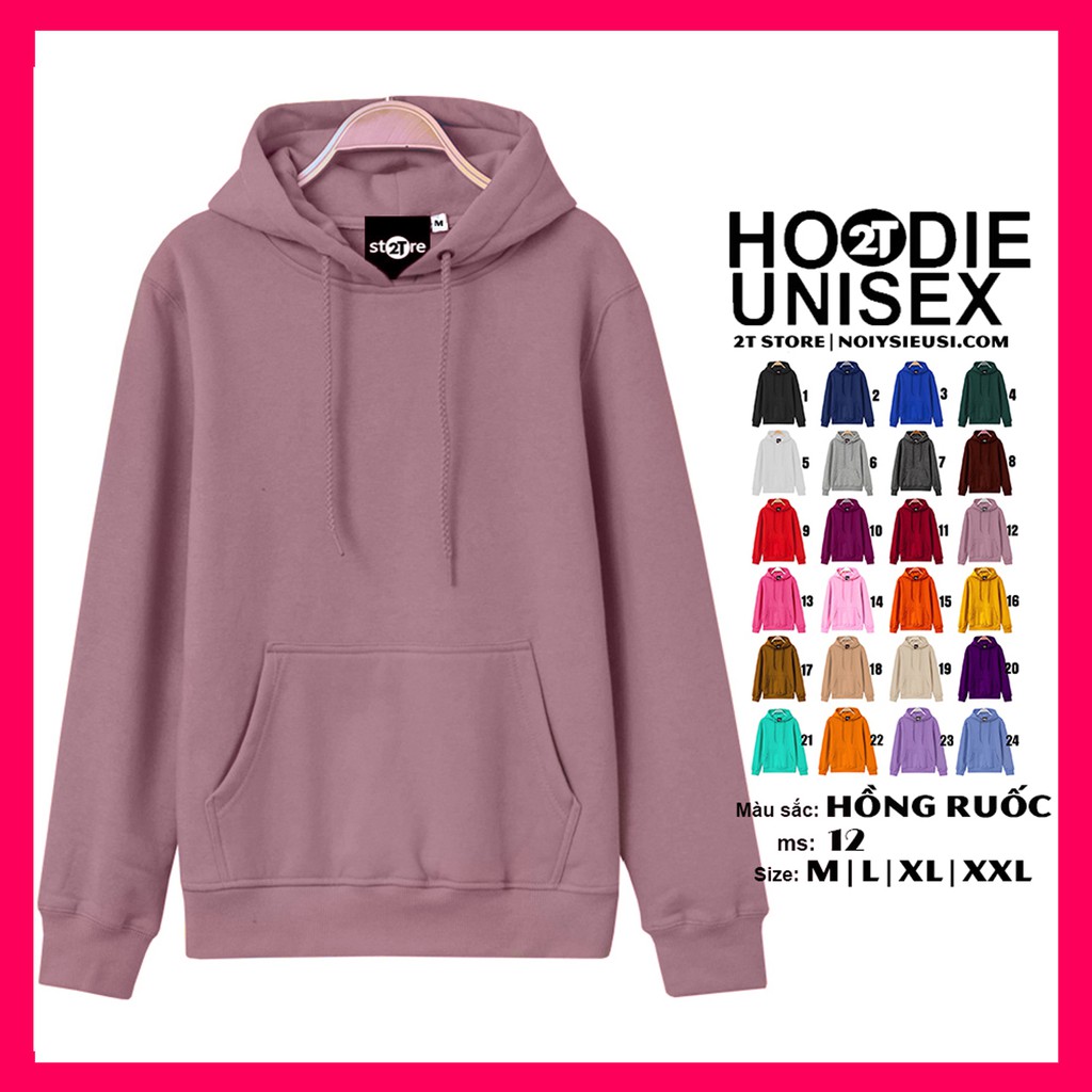 Áo hoodie unisex 2T Store H12 màu hồng ruốc - Áo khoác nỉ chui đầu nón 2 lớp dày dặn chất lượng siêu đẹp