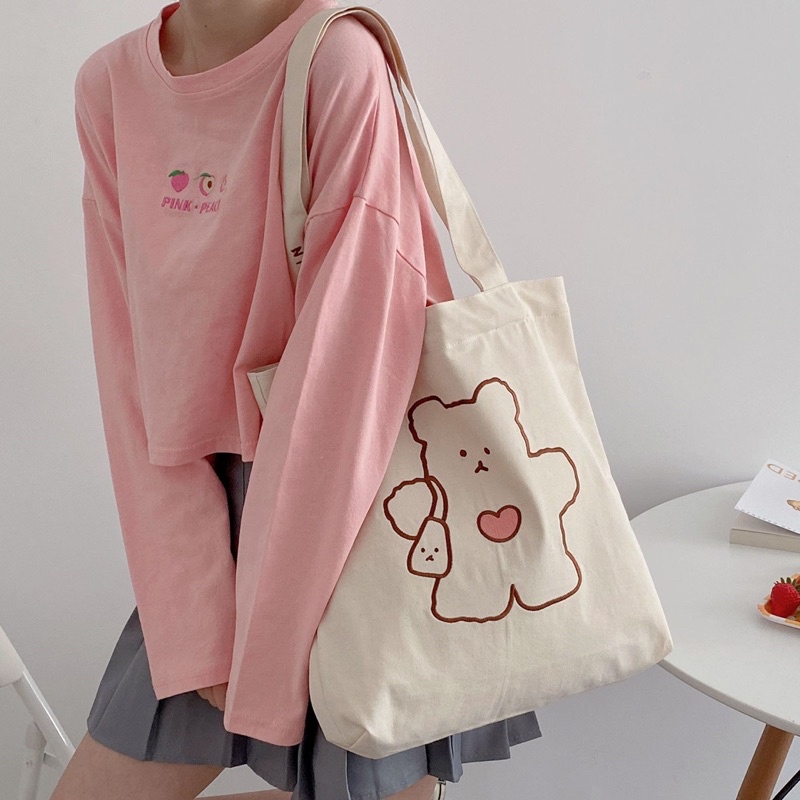 Túi tote style Hàn quốc gấu, heo hình thêu(có sẵn)