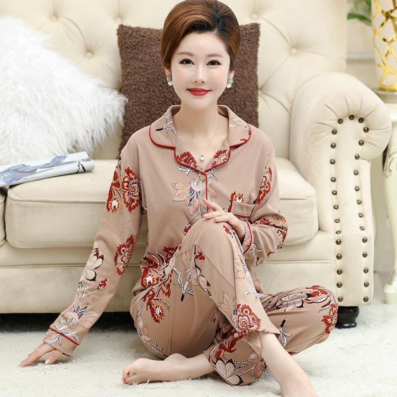 ↂ☸▨Bộ đồ ngủ cotton cao cấp nữ xuân hè thu đông mặc nhà, bà mẹ trung niên, cardigan thu đông plus size bộ đồ nữ