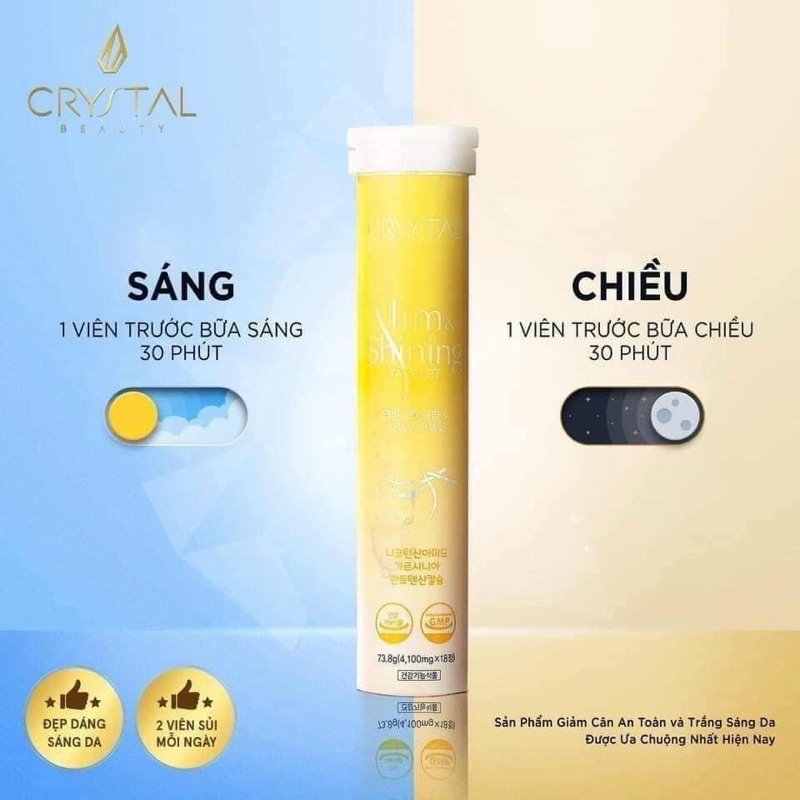 Viên sủi Crystal Slim Shining Tablet hỗ trợ tan mỡ & giảm cân - trắng da hộp 18 viên