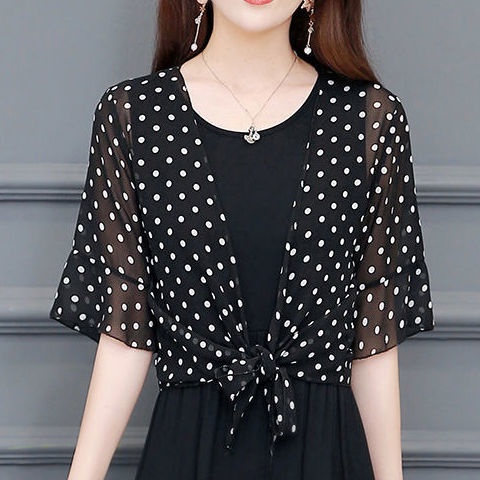 Áo Khoác Chiffon Chống Nắng Tay Lửng Họa Tiết Chấm Bi Chất Lượng Cao