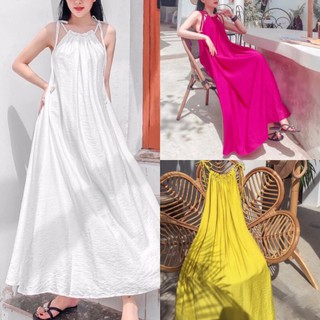 Đầm maxi xòe cổ yếm buộc nơ vải lụa có 4 màu có ảnh thật shop chụp