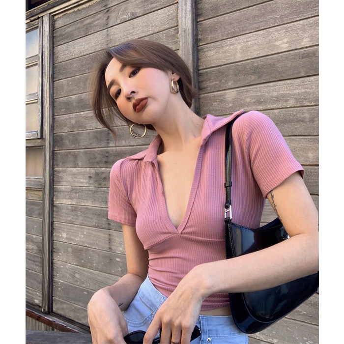 QKOOLE Áo thun lửng  tay ngắn cổ bẻ chữ V thời trang cho nữ