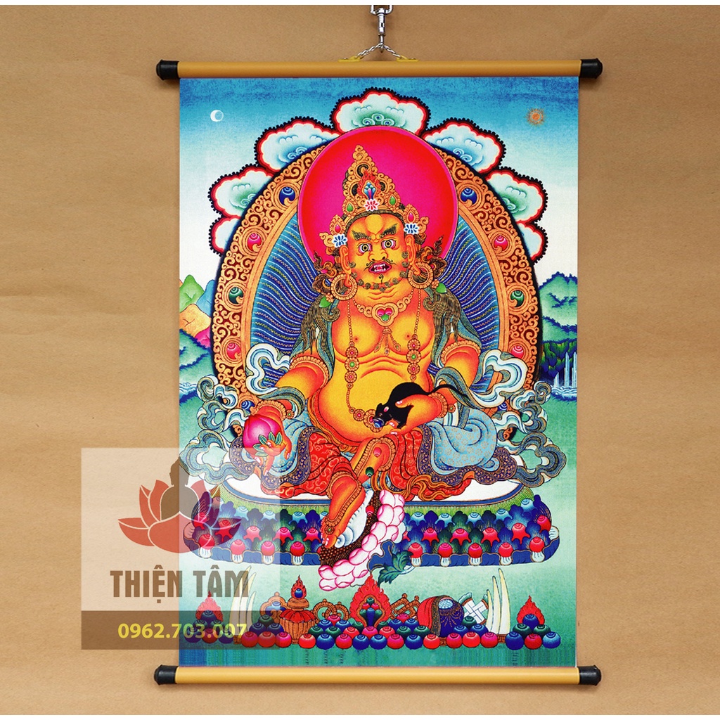 Tranh mật tông thangka Ngũ bộ Thần Tài Jambala Tây Tạng 40x60cm bằng vải phủ bóng cao cấp dày dặn