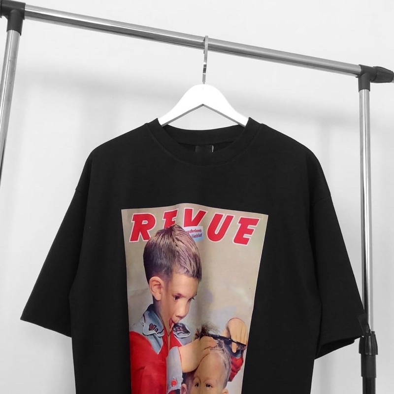 Áo thun tay ngắn hình 2 bé cắt tóc ngộ nghĩnh unisex cotton form rộng oversize nam nữ Black/White