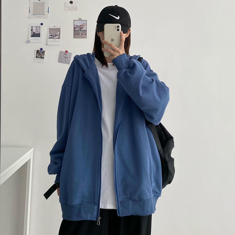 Áo Khoác Hoodie Dáng Rộng Phối Khóa Kéo Thời Trang Xuân Thu Mới 2021