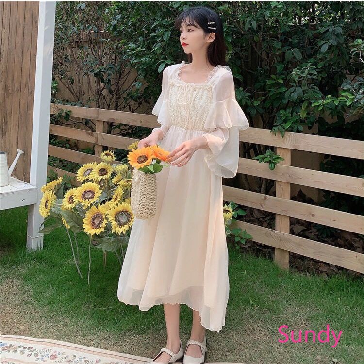 Đầm Chiffon Dáng Dài Phối Ren Thời Trang Mùa Hè Cho Nữ