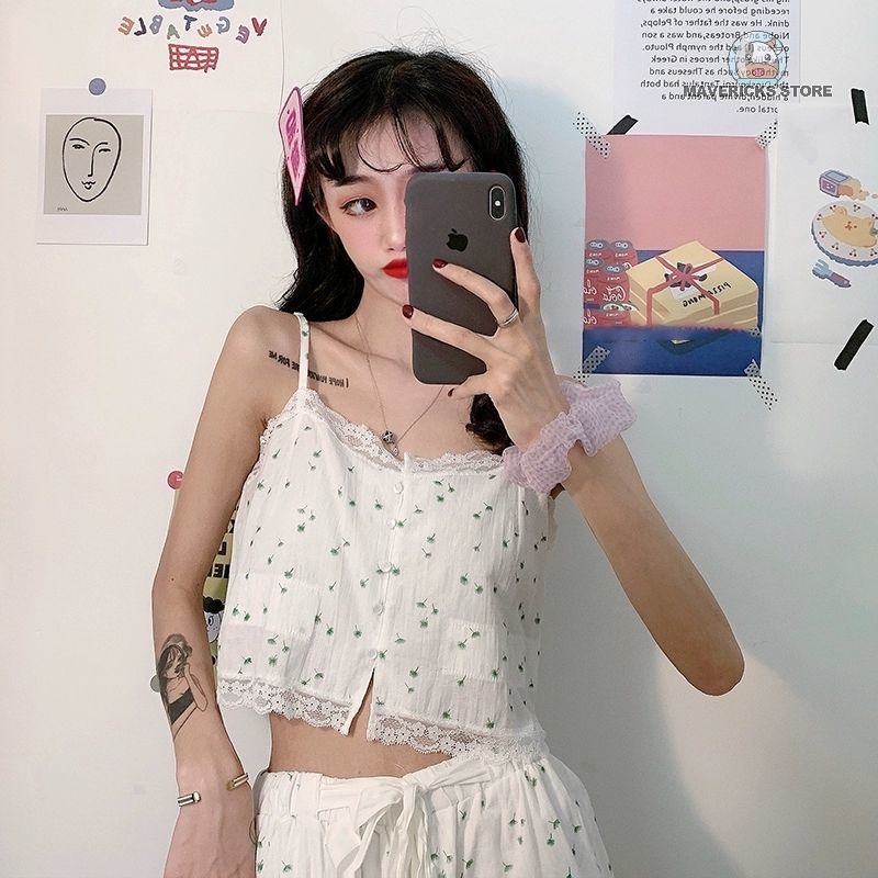 Bộ đồ ngủ hai dây họa tiết hoa thời trang mùa hè cho nữ
