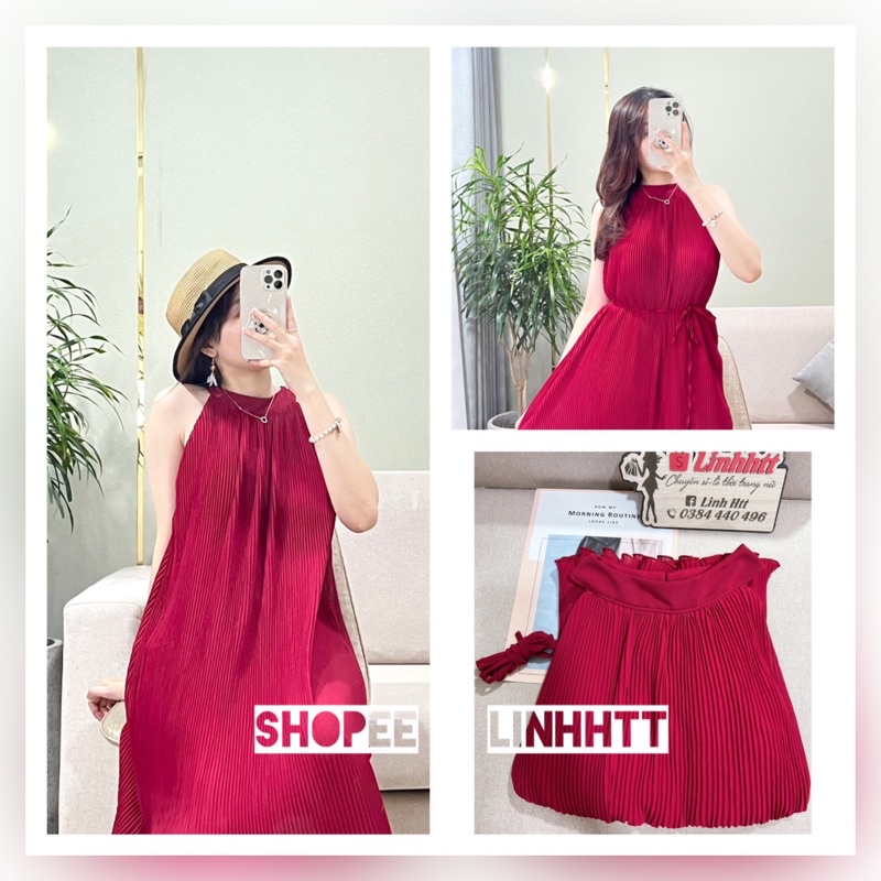 Váy dập ly cổ yếm dáng dài maxi đầm maxi cổ yếm xếp ly form dài voan 2 lớp sang trọng Linhhtt