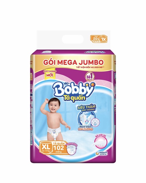 Tã quần Bobby gói Mega Jumbo : M120-L111-XL102-XXL93 - mẫu mới rãnh kim cương