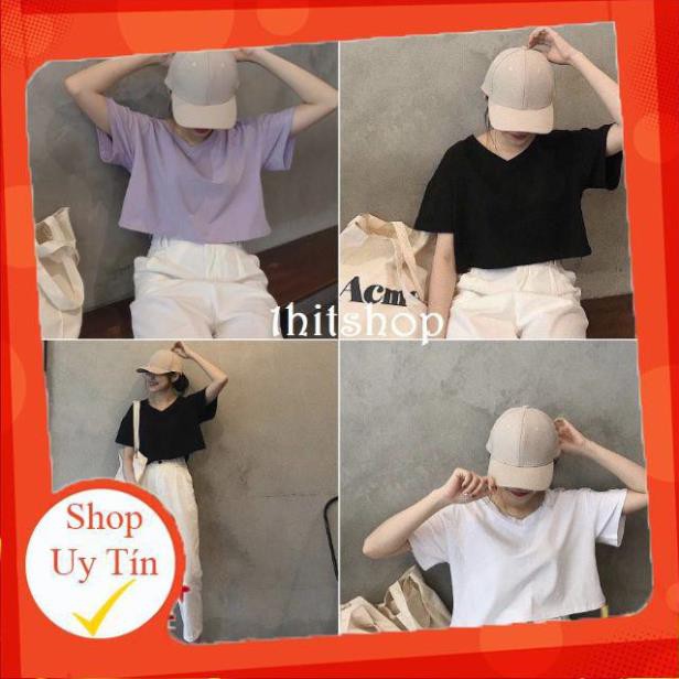 Áo thun croptop form rộng cổ tim - chất thun coton - mã 0002