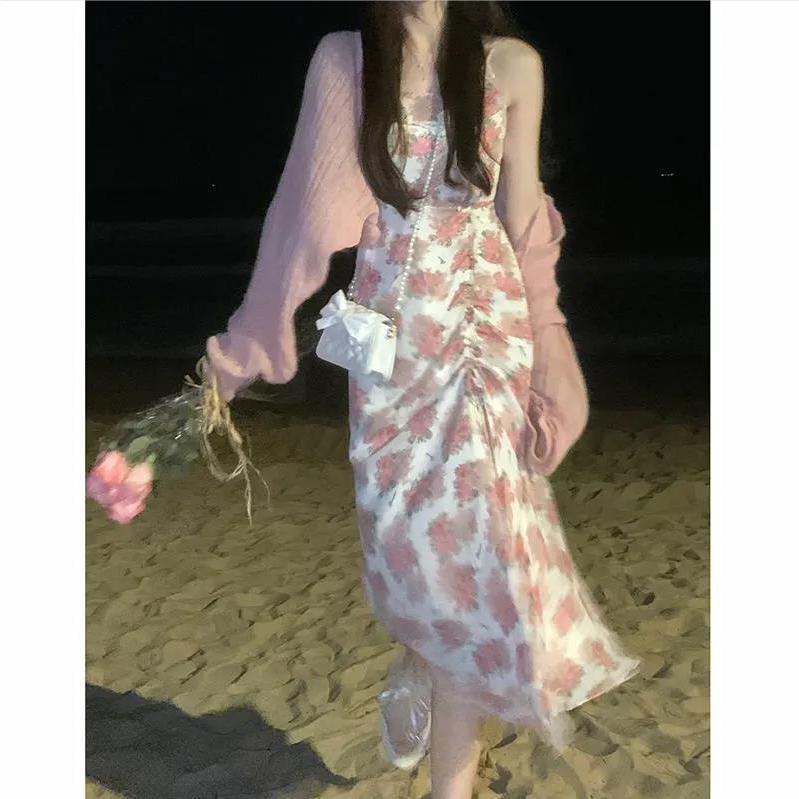 Bộ Áo sweater Dệt Kim Dáng Ôm Phối Chân Váy Yếm Dài Ôm Eo Dễ Thương Cho Nữ