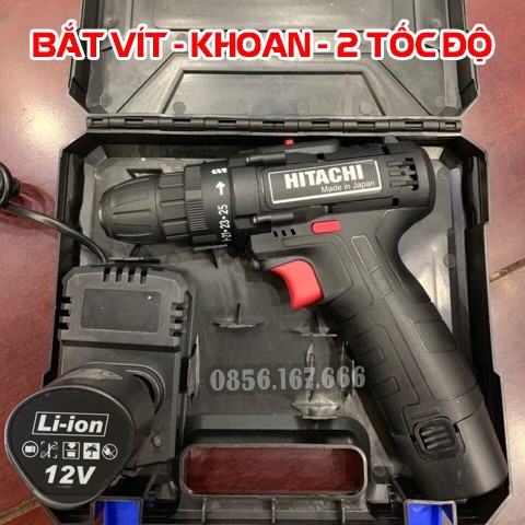 Máy khoan, bắn vít pin Hitachi 12V - Máy bắn vít cầm tay 12V - 25 cấp độ - Tặng mũi khoan + mũi vít