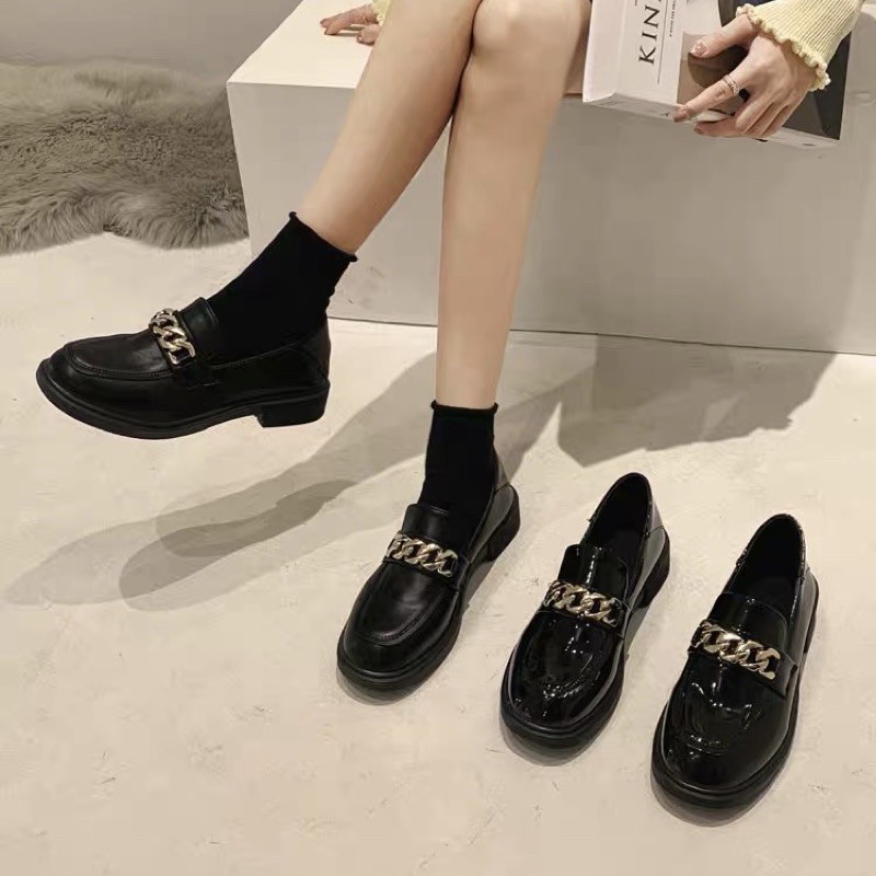 Giày lười nữ Ulzzang da mềm phối khoá mắt xích