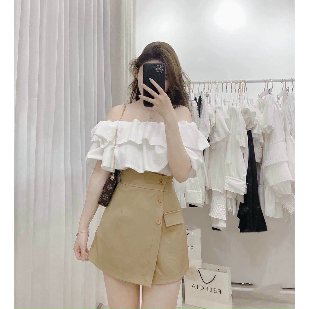 Set áo bèo trễ vai có mút ngực và quần giả váy Rose Fashion