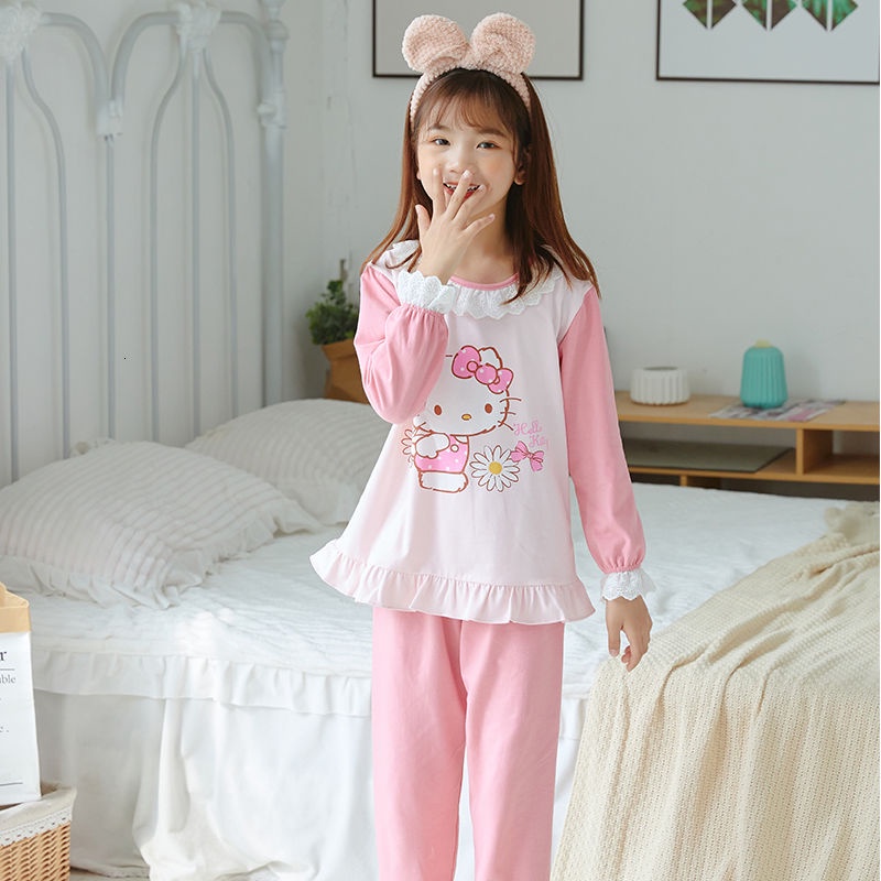 Bộ Đồ Ngủ Cotton Tay Dài Cổ Tròn In Họa Tiết Hoạt Hình Dễ Thương Cho Bé Gái