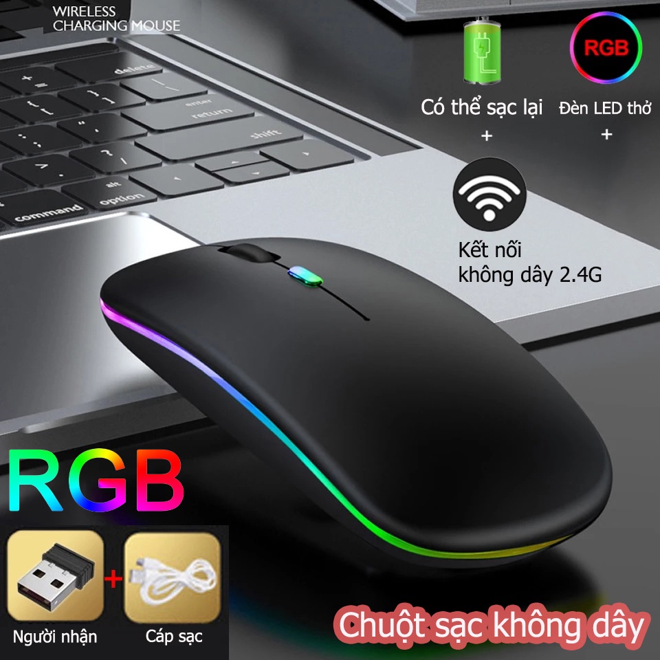 Chuột Không Dây Bluetooth 2.4Ghz tự sạc pin cao cấp Dung lượng lớn 500mAh có thể sạc lại với đèn LED cực mát / 3 mức DPI