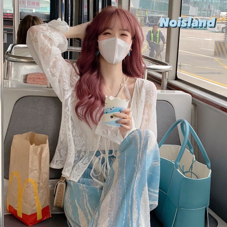 Áo sơ mi voan mỏng tay dài phối ren xinh xắn thời trang
