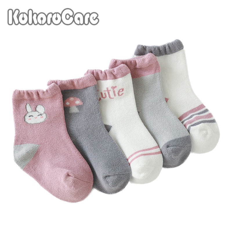 Bộ 5 đôi tất KOKOROCARE YR08-03 ống cao vừa họa tiết thỏ hoạt hình size S-XL cho trẻ em từ 0-8 tuổi