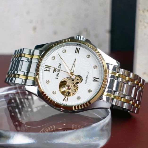 Đồng hồ nam cơ automatic FNGEEN 6801 chống nước dây kim loại có lịch ngày bảo hành 24 tháng