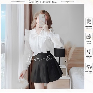 Sét bộ đồ nữ áo cổ nơ tay dài kèm chân váy ngắn
