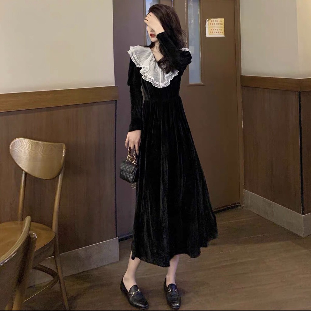 .VÁY ĐẦM  NHUNG DÀI  TAY CAO CẤP PHỐI VOAN