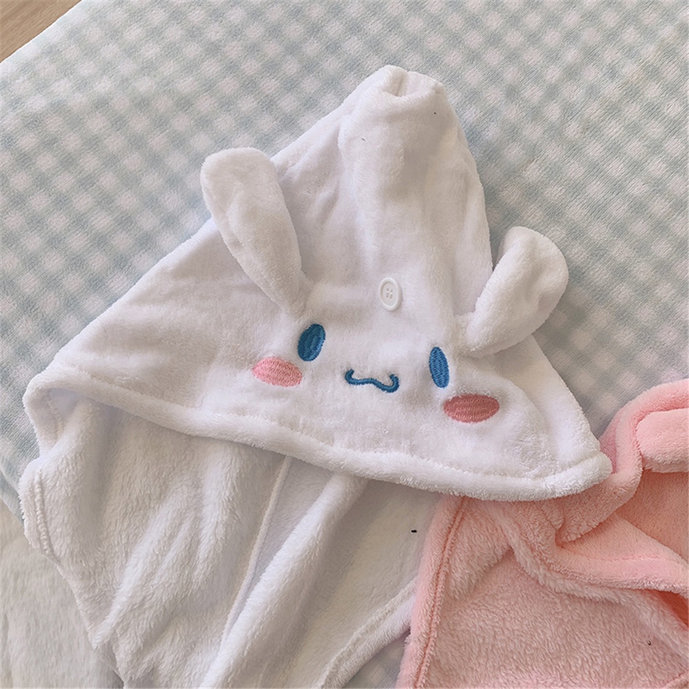 Khăn Tắm Trùm Đầu Vải Lông Cừu San Hô Nhanh Khô Đính Tai Thỏ Dễ Thương Cho Nữ