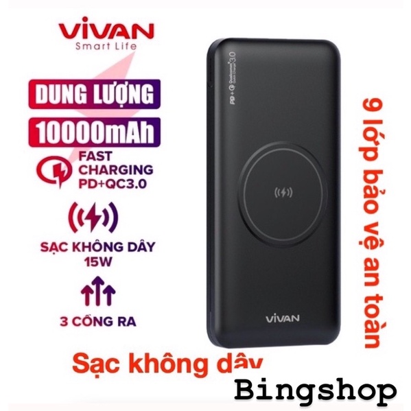 Pin Sạc Dự Phòng ko dây Sạc Nhanh 0000 mAh 18W - VIVAN VPB-W11 3Output Chuẩn QC3.0 PD Hỗ trợ IP 13